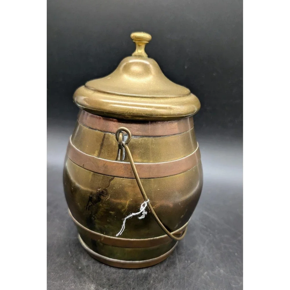 Vintage Brass and Copper Barrel Canister with Bail Handle and Lid Mixed Metal 8